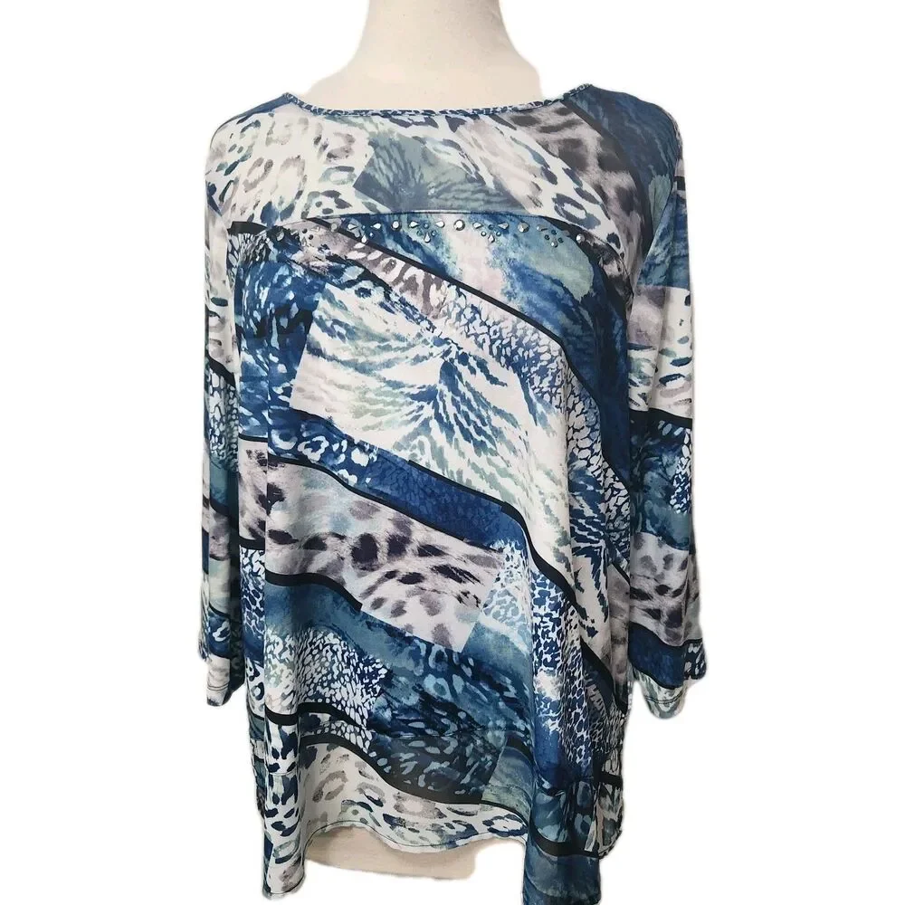 ALFRED DUNNER XL Blue Studded  Pullover 3/4 Slv Knit Stretch Semi-Sheer Neck